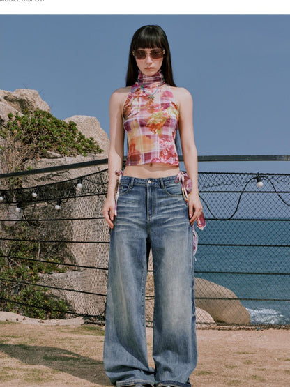 RUN TO THE FUTURE Vintage Whiskered Low Rise Loose Fit Women Denim Zipper Fly Straight Jeans