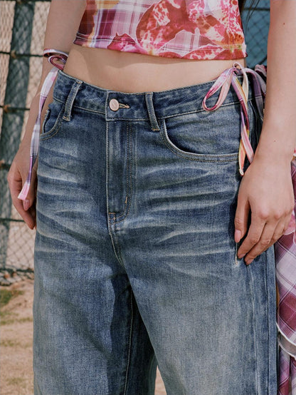 RUN TO THE FUTURE Vintage Whiskered Low Rise Loose Fit Women Denim Zipper Fly Straight Jeans