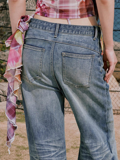 RUN TO THE FUTURE Vintage Whiskered Low Rise Loose Fit Women Denim Zipper Fly Straight Jeans