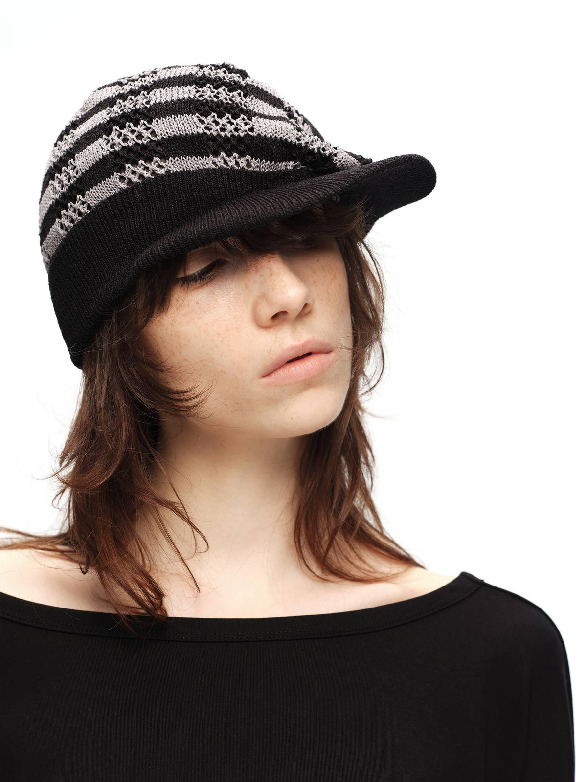 RUN_TO_THE_FUTURE_Vintage_Yarn_Hollow_Knit_Striped_Short_Brim_Women&