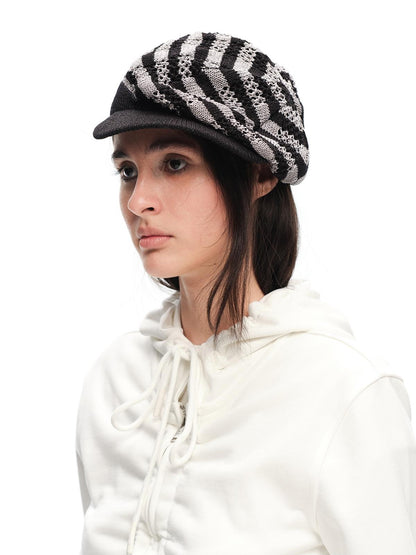 RUN TO THE FUTURE Vintage Yarn Hollow Knit Striped Short Brim Women&