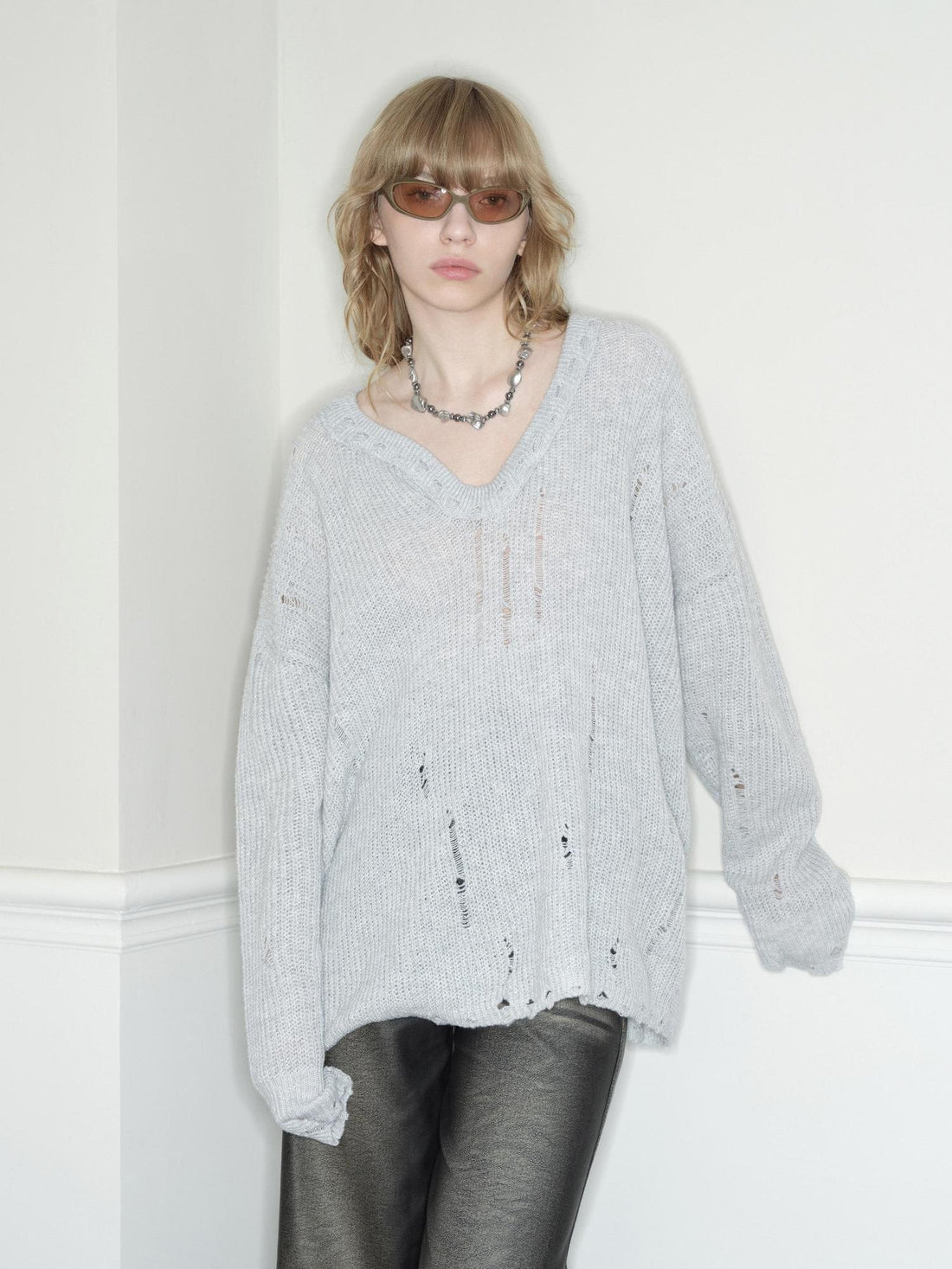 RUN TO THE FUTURE Viscose Blend Lightweight Distressed Oversized Commuter Women Knit Sweaters