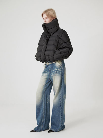 RUN TO THE FUTURE Warm 90% Duck Down Retro Commuter Straight Stand Collar Black Zip Down Jackets