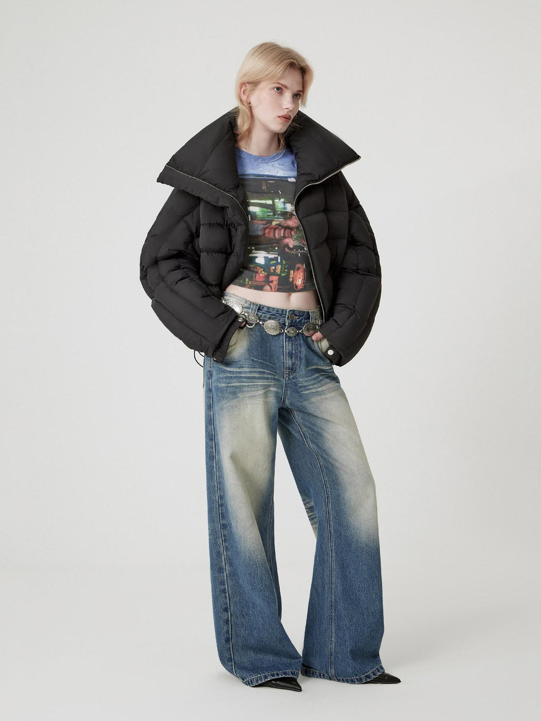 RUN TO THE FUTURE Warm 90% Duck Down Retro Commuter Straight Stand Collar Black Zip Down Jackets