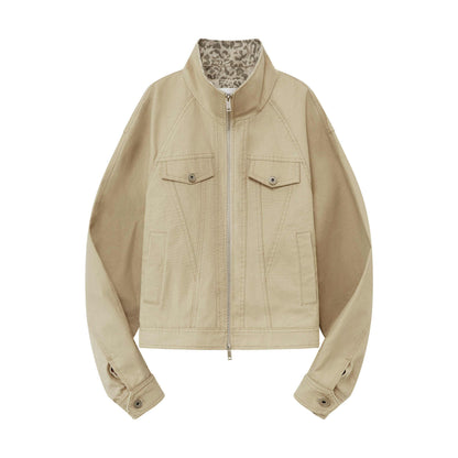 RUN TO THE FUTURE Warm Cropped Retro Loose Leopard Piping Unisex Khaki Zip Track Jackets