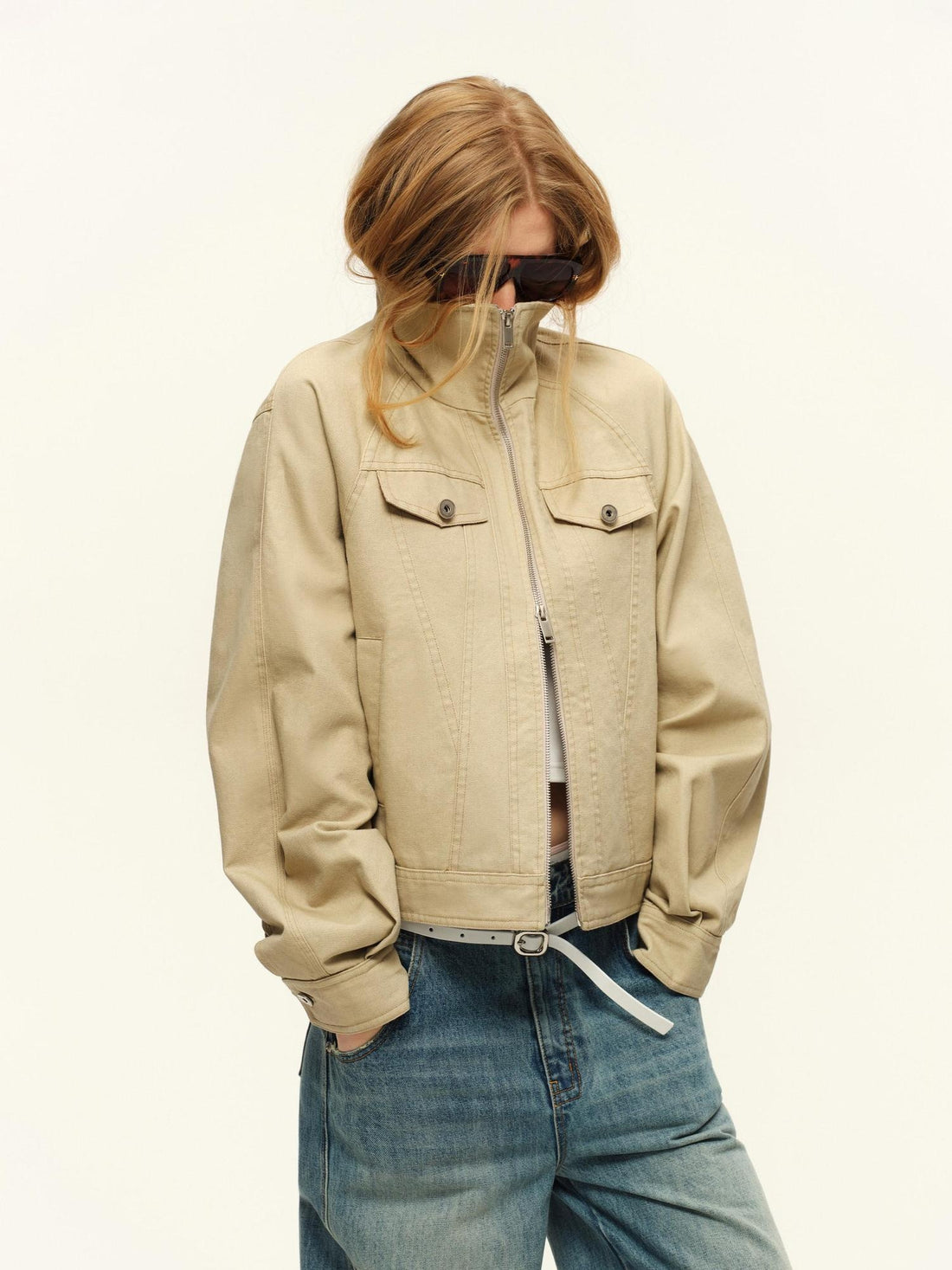 RUN TO THE FUTURE Warm Cropped Retro Loose Leopard Piping Unisex Khaki Zip Track Jackets