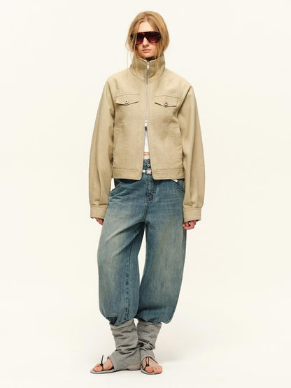 RUN TO THE FUTURE Warm Cropped Retro Loose Leopard Piping Unisex Khaki Zip Track Jackets