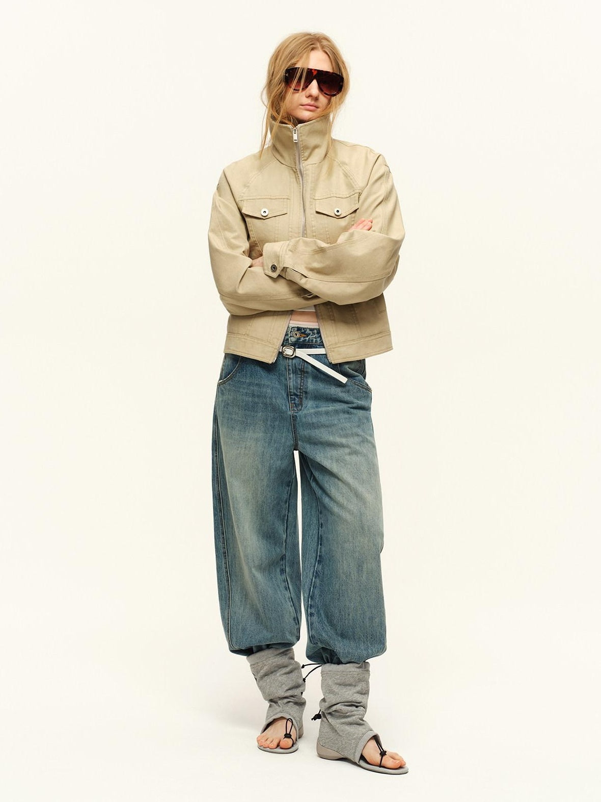 RUN TO THE FUTURE Warm Cropped Retro Loose Leopard Piping Unisex Khaki Zip Track Jackets