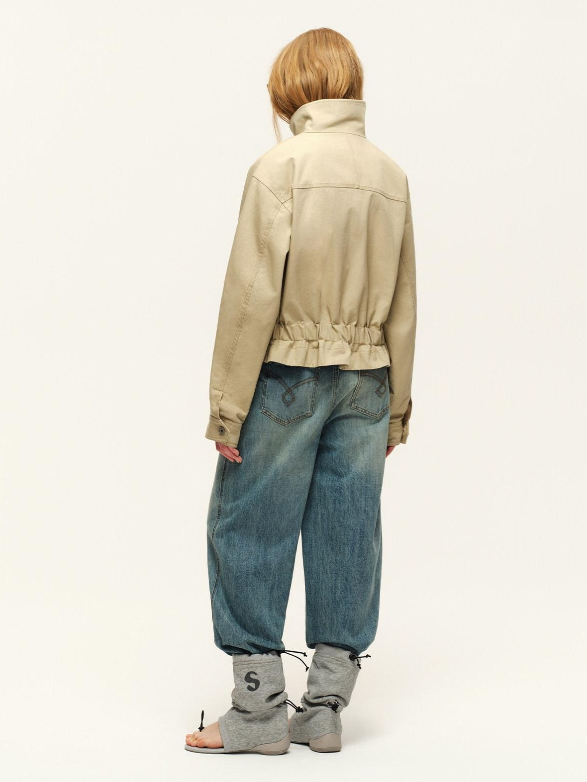 RUN TO THE FUTURE Warm Cropped Retro Loose Leopard Piping Unisex Khaki Zip Track Jackets