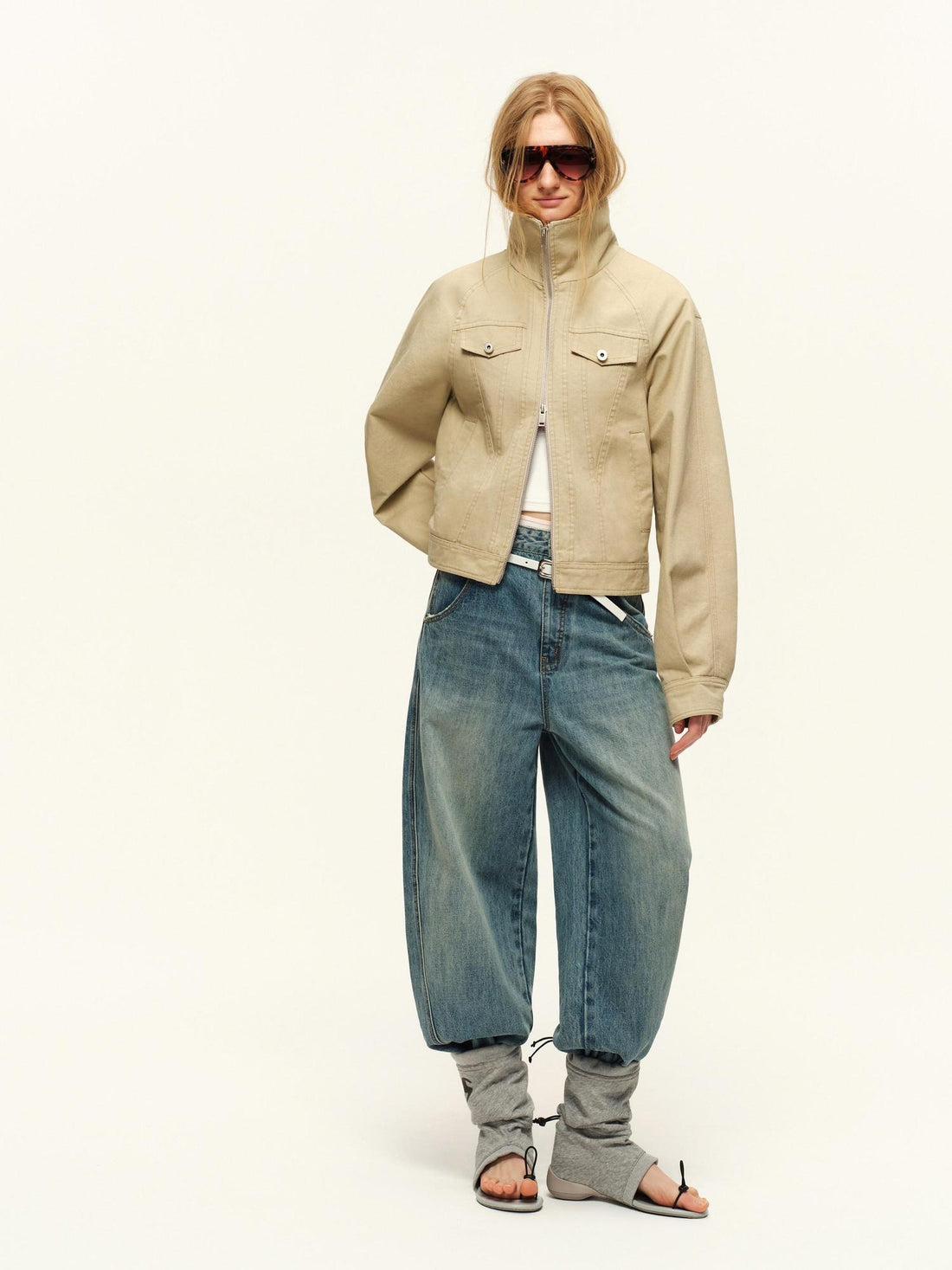 RUN TO THE FUTURE Warm Cropped Retro Loose Leopard Piping Unisex Khaki Zip Track Jackets