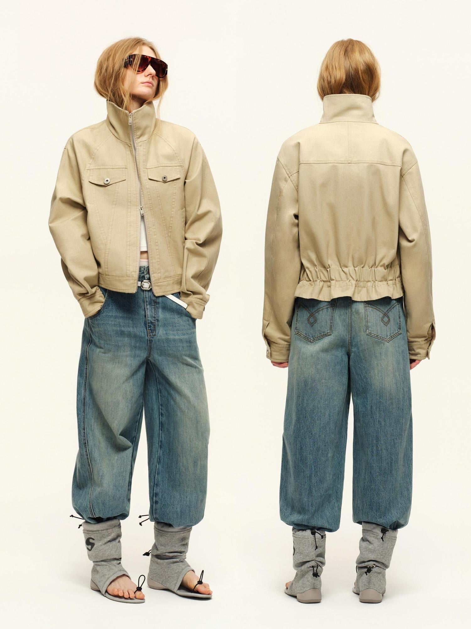 RUN TO THE FUTURE Warm Cropped Retro Loose Leopard Piping Unisex Khaki Zip Track Jackets