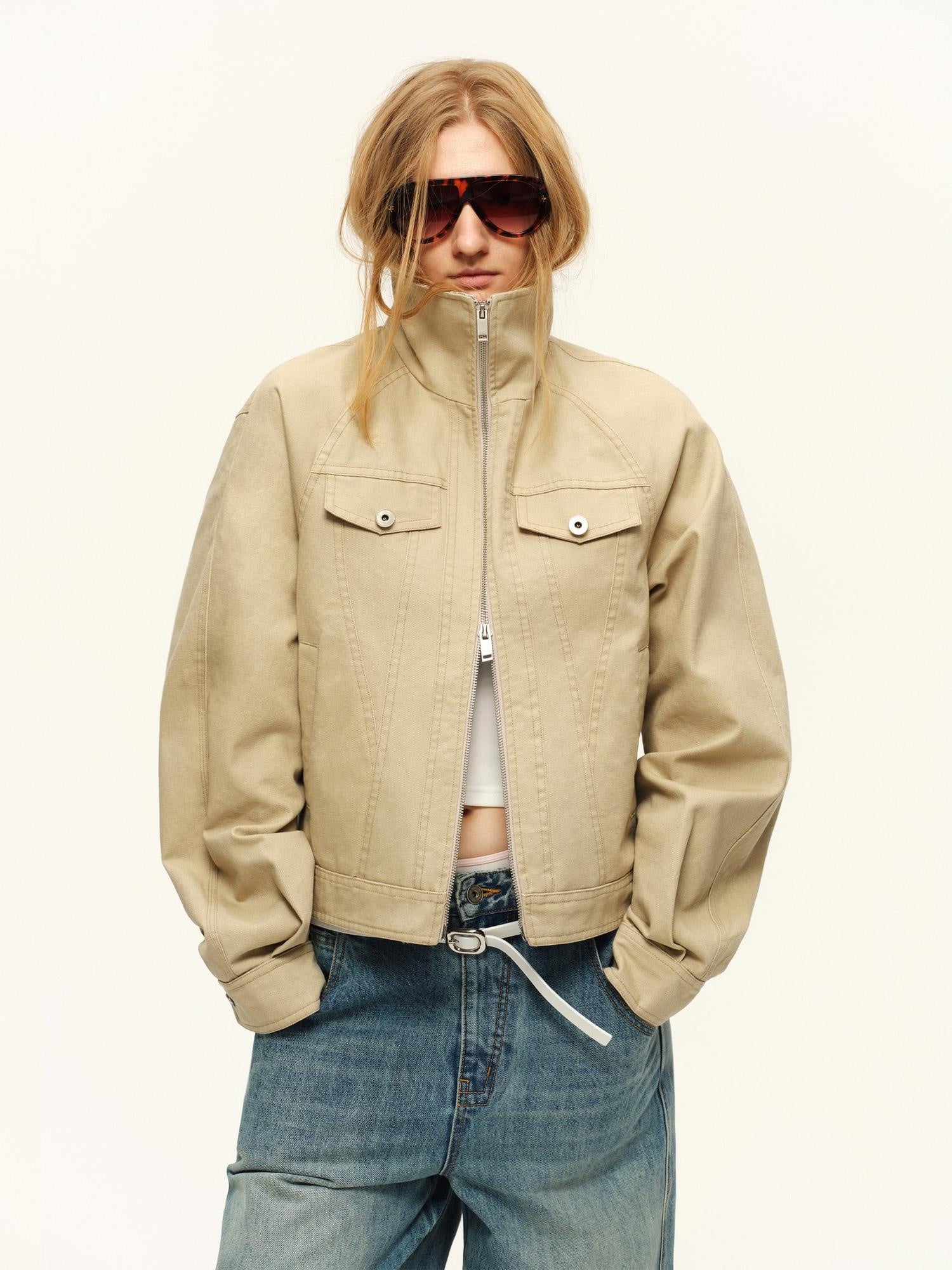 RUN TO THE FUTURE Warm Cropped Retro Loose Leopard Piping Unisex Khaki Zip Track Jackets