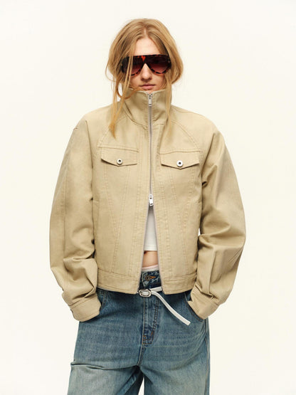 RUN TO THE FUTURE Warm Cropped Retro Loose Leopard Piping Unisex Khaki Zip Track Jackets