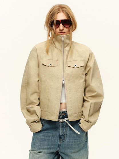 RUN TO THE FUTURE Warm Cropped Retro Loose Leopard Piping Unisex Khaki Zip Track Jackets