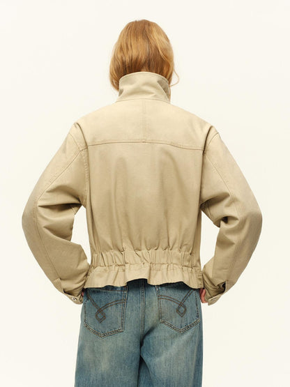 RUN TO THE FUTURE Warm Cropped Retro Loose Leopard Piping Unisex Khaki Zip Track Jackets