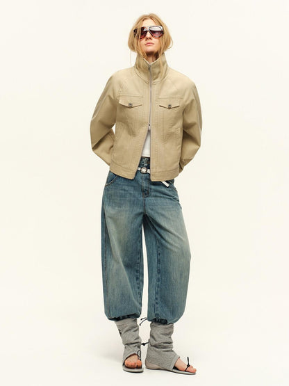 RUN TO THE FUTURE Warm Cropped Retro Loose Leopard Piping Unisex Khaki Zip Track Jackets