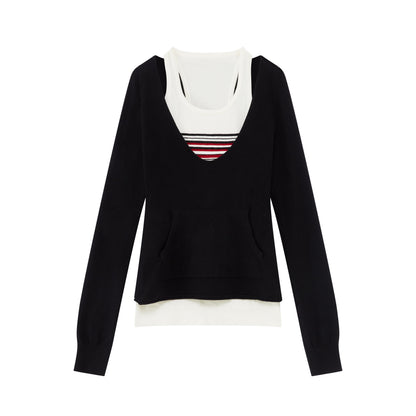 RUN TO THE FUTURE Warm Knit Colorblock Slim Fit Casual Teen Girl Striped Long Sleeve T-Shirts