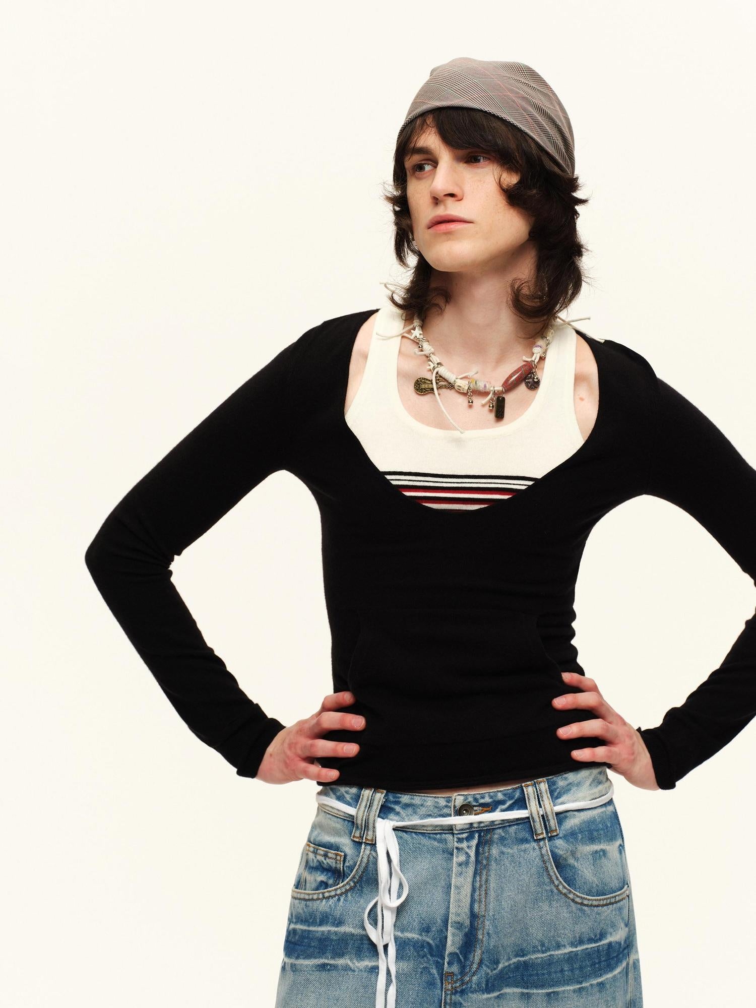 RUN TO THE FUTURE Warm Knit Colorblock Slim Fit Casual Teen Girl Striped Long Sleeve T-Shirts