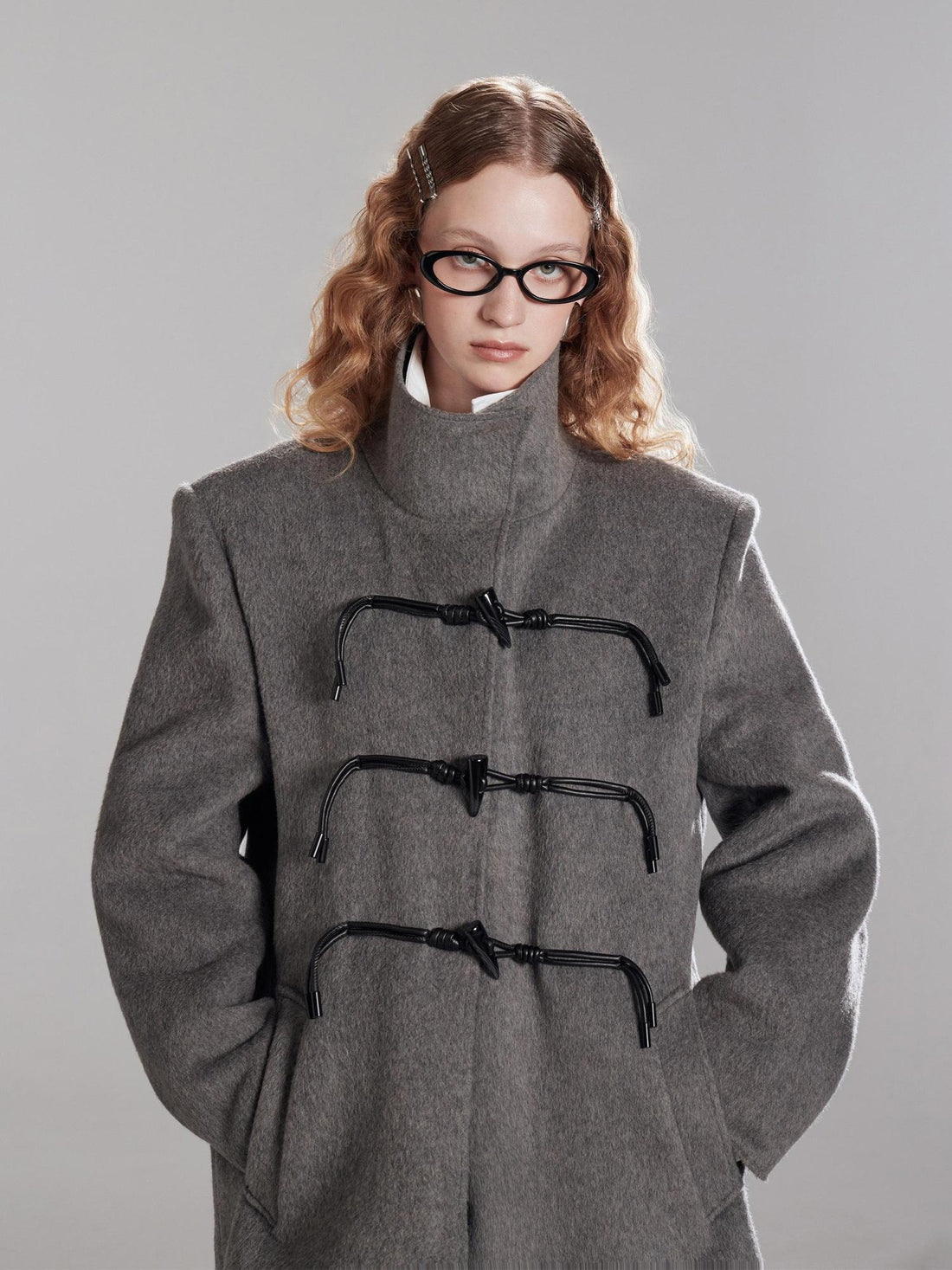 RUN TO THE FUTURE Warm Wool Blend Asymmetric Straight Long Retro Work Notch Lapel Toggle Overcoats