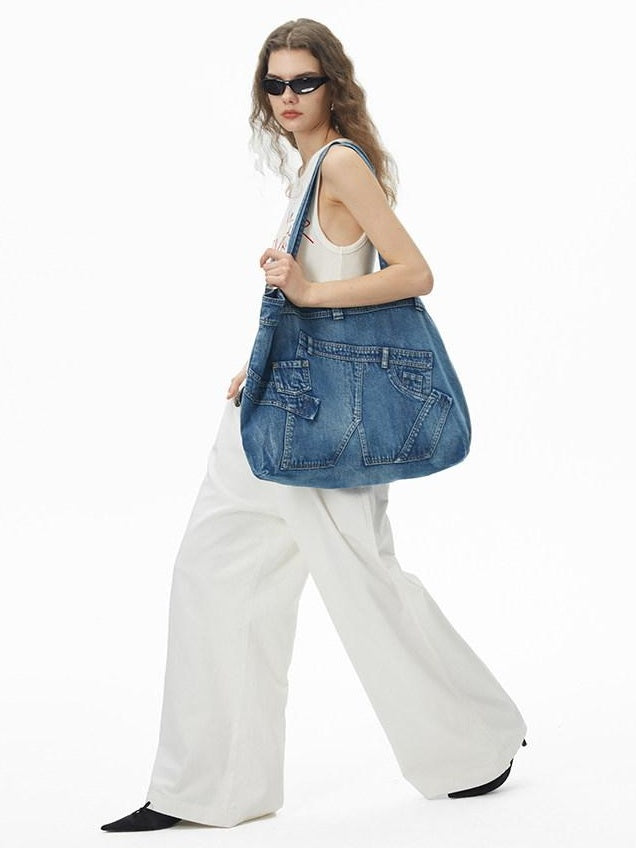 RUN TO THE FUTURE Washable Denim Blue Cotton Lined Commuter Unisex Dual Strap Shoulder Bags