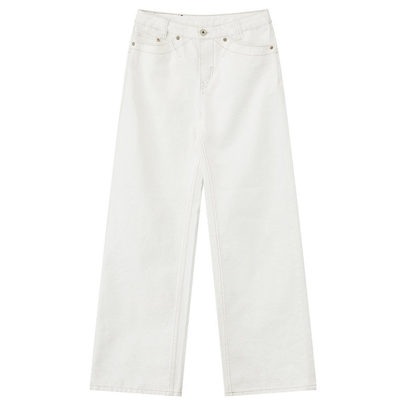RUN TO THE FUTURE Washed Cotton Casual Natural Waist Unisex White Button Fly Straight Jeans