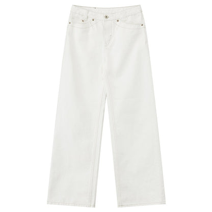 RUN TO THE FUTURE Washed Cotton Casual Natural Waist Unisex White Button Fly Straight Jeans