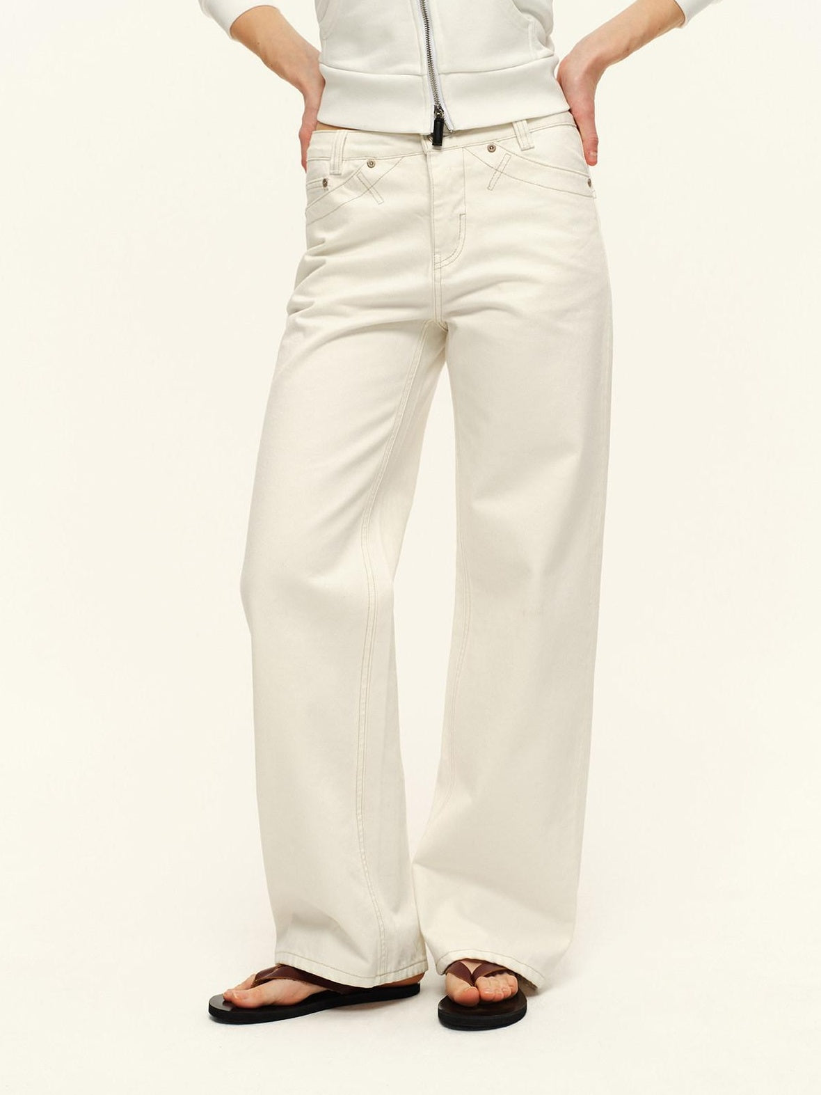 RUN TO THE FUTURE Washed Cotton Casual Natural Waist Unisex White Button Fly Straight Jeans