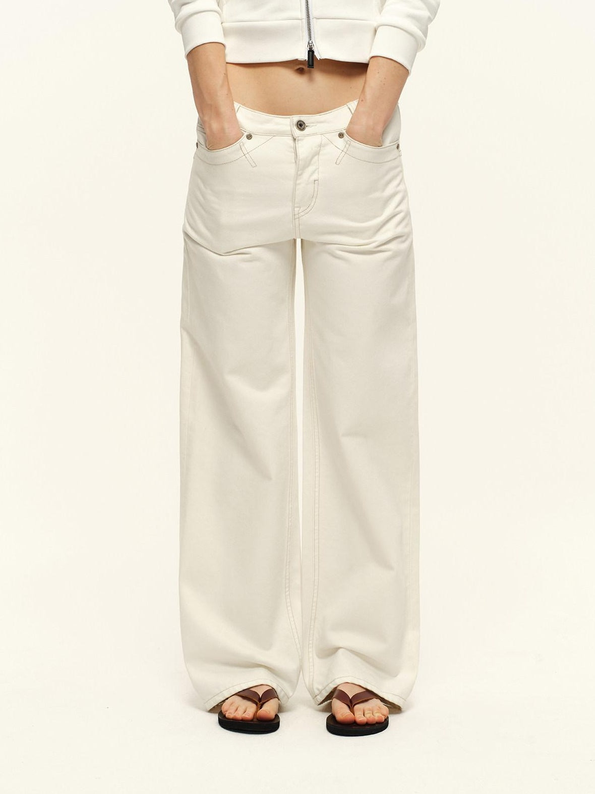 RUN TO THE FUTURE Washed Cotton Casual Natural Waist Unisex White Button Fly Straight Jeans