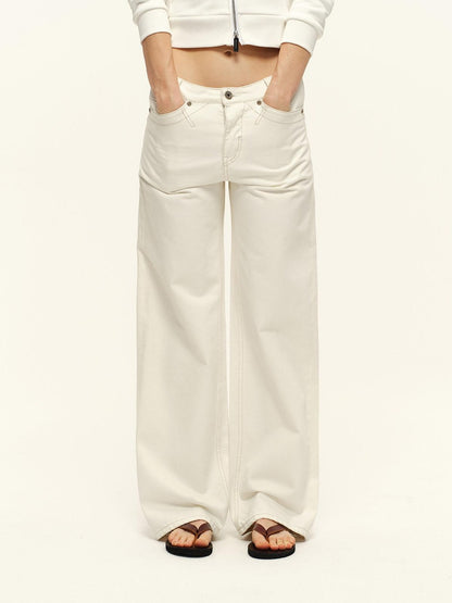 RUN TO THE FUTURE Washed Cotton Casual Natural Waist Unisex White Button Fly Straight Jeans