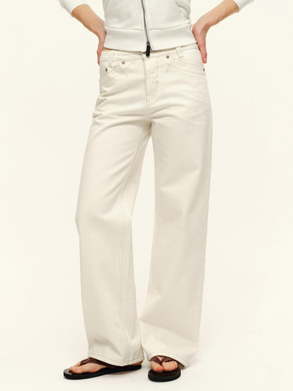 RUN TO THE FUTURE Washed Cotton Casual Natural Waist Unisex White Button Fly Straight Jeans