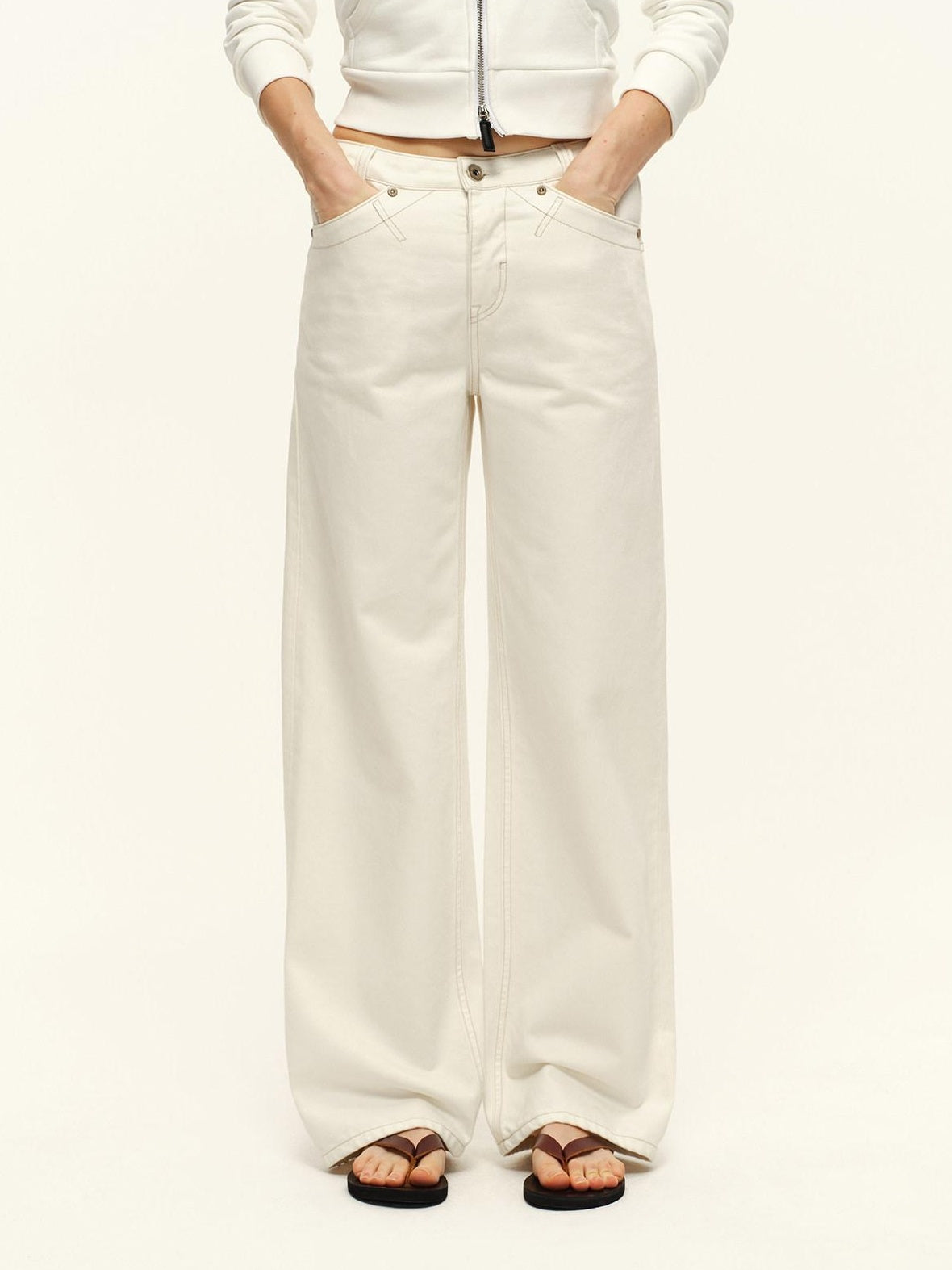 RUN TO THE FUTURE Washed Cotton Casual Natural Waist Unisex White Button Fly Straight Jeans