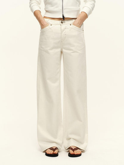 RUN TO THE FUTURE Washed Cotton Casual Natural Waist Unisex White Button Fly Straight Jeans