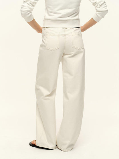 RUN TO THE FUTURE Washed Cotton Casual Natural Waist Unisex White Button Fly Straight Jeans