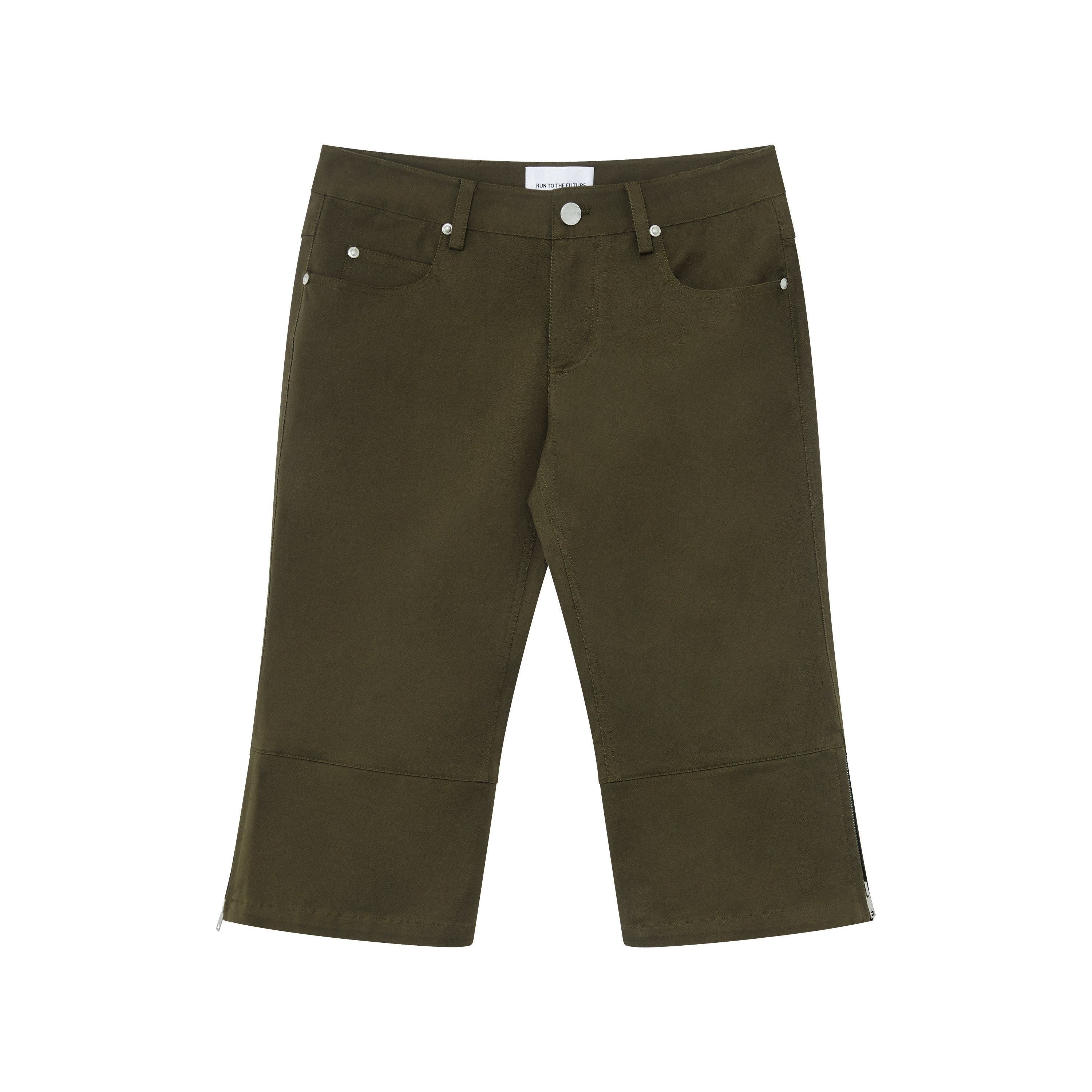 RUN TO THE FUTURE Washed Cotton Stretch Low Rise Slight Flare Zip Fly Women Olive Chino Shorts