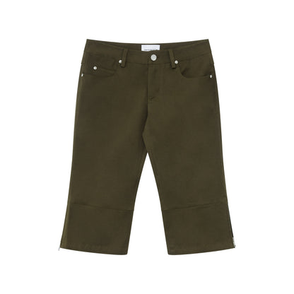 RUN TO THE FUTURE Washed Cotton Stretch Low Rise Slight Flare Zip Fly Women Olive Chino Shorts