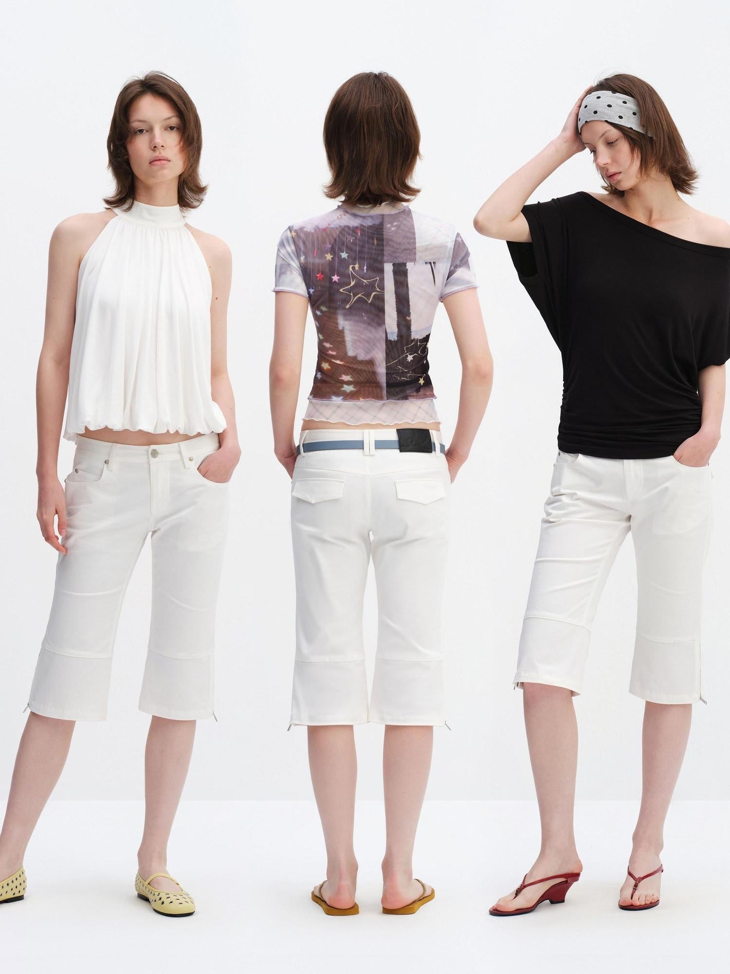 RUN TO THE FUTURE Washed Cotton Stretch Low Rise Slight Flare Zip Fly Women Olive Chino Shorts
