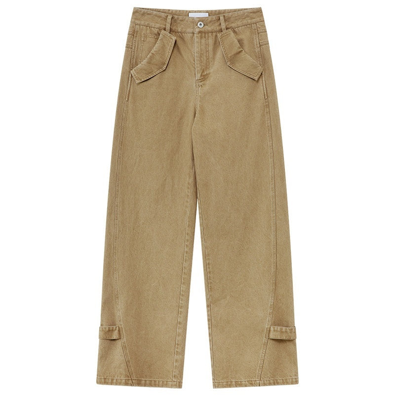 RUN TO THE FUTURE Washed Pure Cotton Chestnut Casual Natural Waist Zipper Women Straight Pants