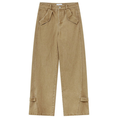 RUN TO THE FUTURE Washed Pure Cotton Chestnut Casual Natural Waist Zipper Women Straight Pants