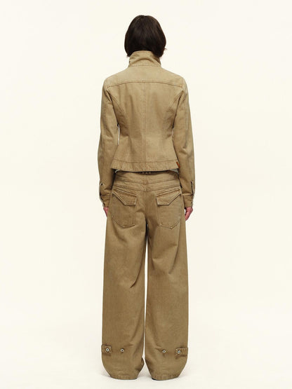 RUN TO THE FUTURE Washed Pure Cotton Chestnut Casual Natural Waist Zipper Women Straight Pants