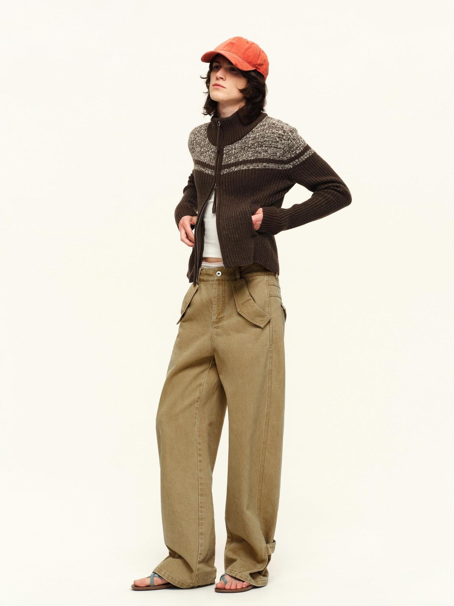 RUN TO THE FUTURE Washed Pure Cotton Chestnut Casual Natural Waist Zipper Women Straight Pants