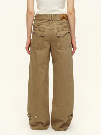 RUN TO THE FUTURE Washed Pure Cotton Chestnut Casual Natural Waist Zipper Women Straight Pants