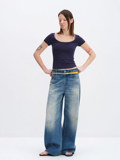RUN TO THE FUTURE Washed Ripped Paint Splatter Loose Natural Waist Unisex Denim Wide-Leg Jeans