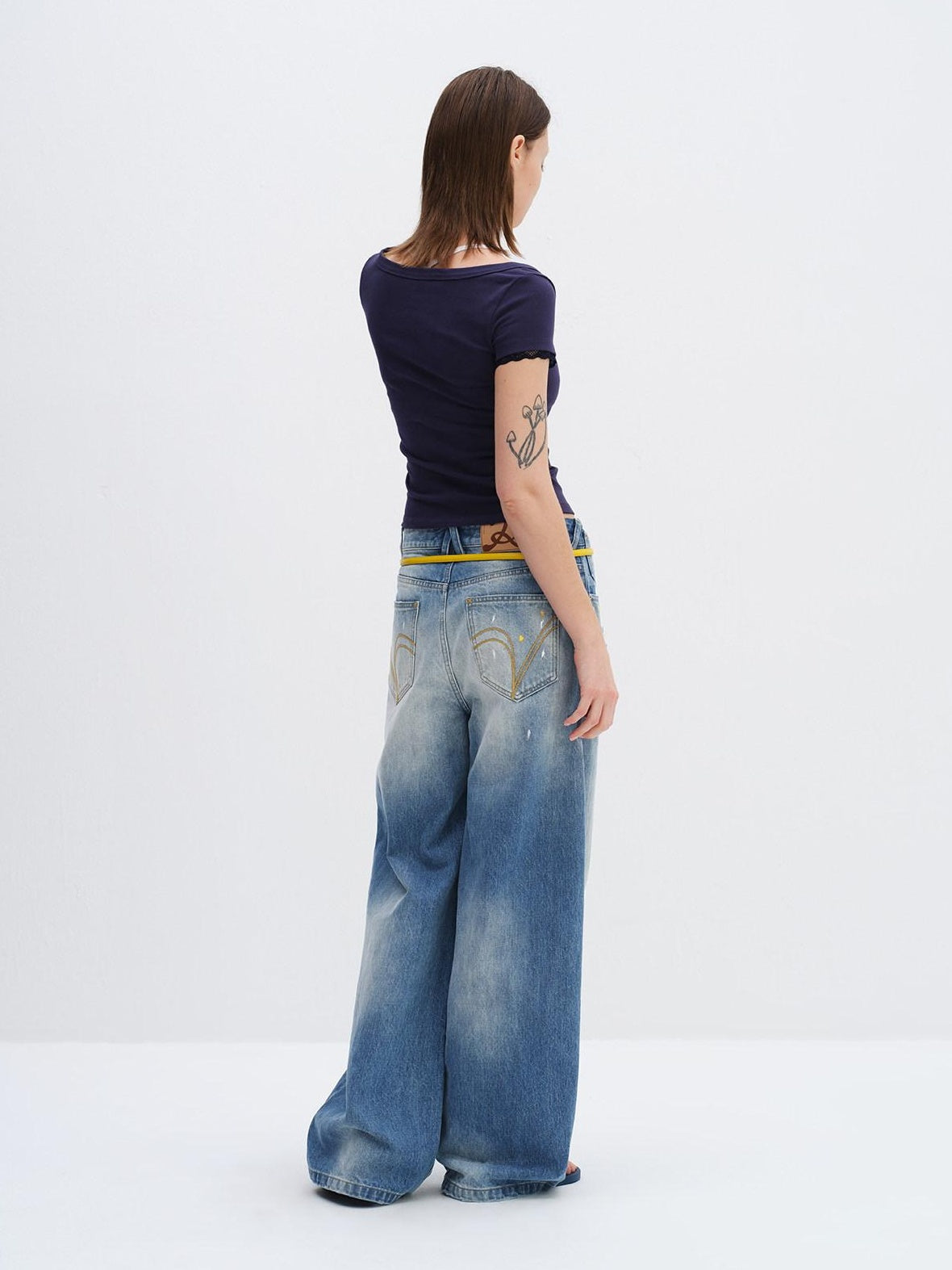 RUN TO THE FUTURE Washed Ripped Paint Splatter Loose Natural Waist Unisex Denim Wide-Leg Jeans