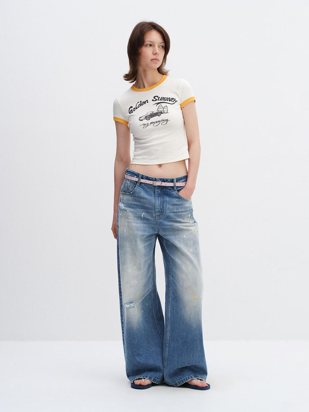 RUN TO THE FUTURE Washed Ripped Paint Splatter Loose Natural Waist Unisex Denim Wide-Leg Jeans