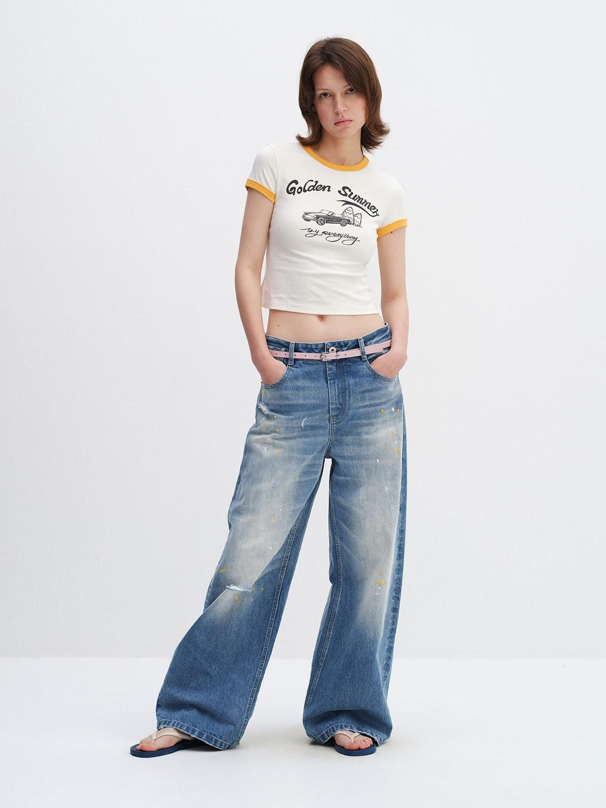 RUN TO THE FUTURE Washed Ripped Paint Splatter Loose Natural Waist Unisex Denim Wide-Leg Jeans