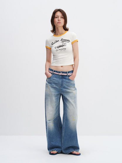 RUN TO THE FUTURE Washed Ripped Paint Splatter Loose Natural Waist Unisex Denim Wide-Leg Jeans