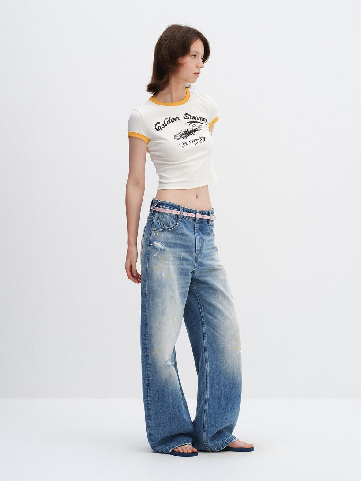 RUN TO THE FUTURE Washed Ripped Paint Splatter Loose Natural Waist Unisex Denim Wide-Leg Jeans