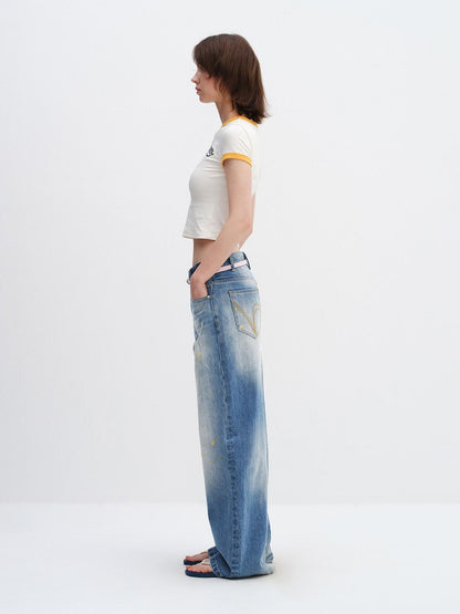 RUN TO THE FUTURE Washed Ripped Paint Splatter Loose Natural Waist Unisex Denim Wide-Leg Jeans