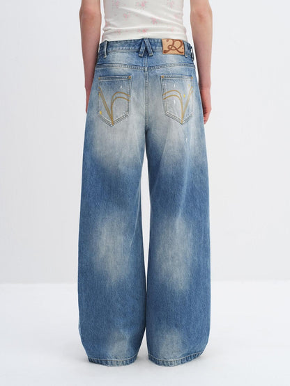 RUN TO THE FUTURE Washed Ripped Paint Splatter Loose Natural Waist Unisex Denim Wide-Leg Jeans