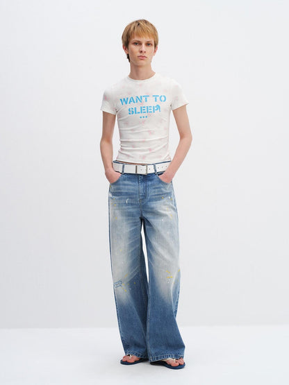 RUN TO THE FUTURE Washed Ripped Paint Splatter Loose Natural Waist Unisex Denim Wide-Leg Jeans
